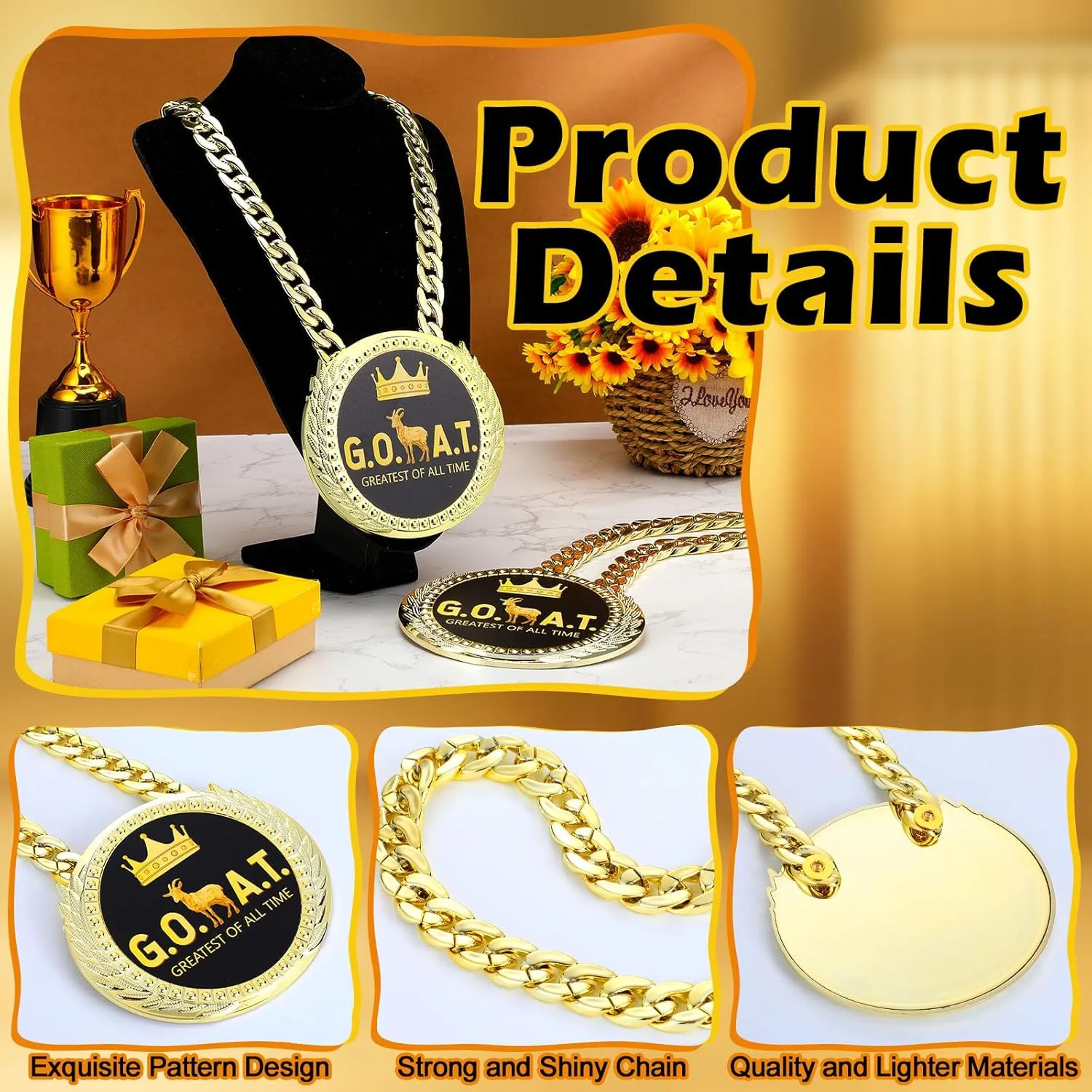 Tondiamo Greatest of All Time Turnover Chain Medal 6" Big Gold Champ Goat Medal Necklace Award for Goat Football MVP Necklace Champion Fantasy Sports Award Football Turnover Chain