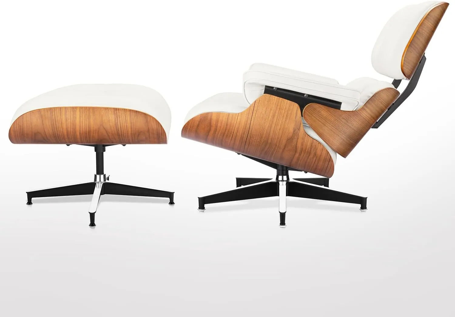 Top Grain Leather Chaise Lounge Chair and Ottoman Classic Accent Chairs 360° Swivel Heavy Duty Base Support Quality Wooden Shell Mid Century Lounge Chair for Living Room Office Reading Walnut/White