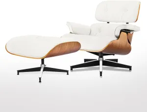 Top Grain Leather Chaise Lounge Chair and Ottoman Classic Accent Chairs 360° Swivel Heavy Duty Base Support Quality Wooden Shell Mid Century Lounge Chair for Living Room Office Reading Walnut/White