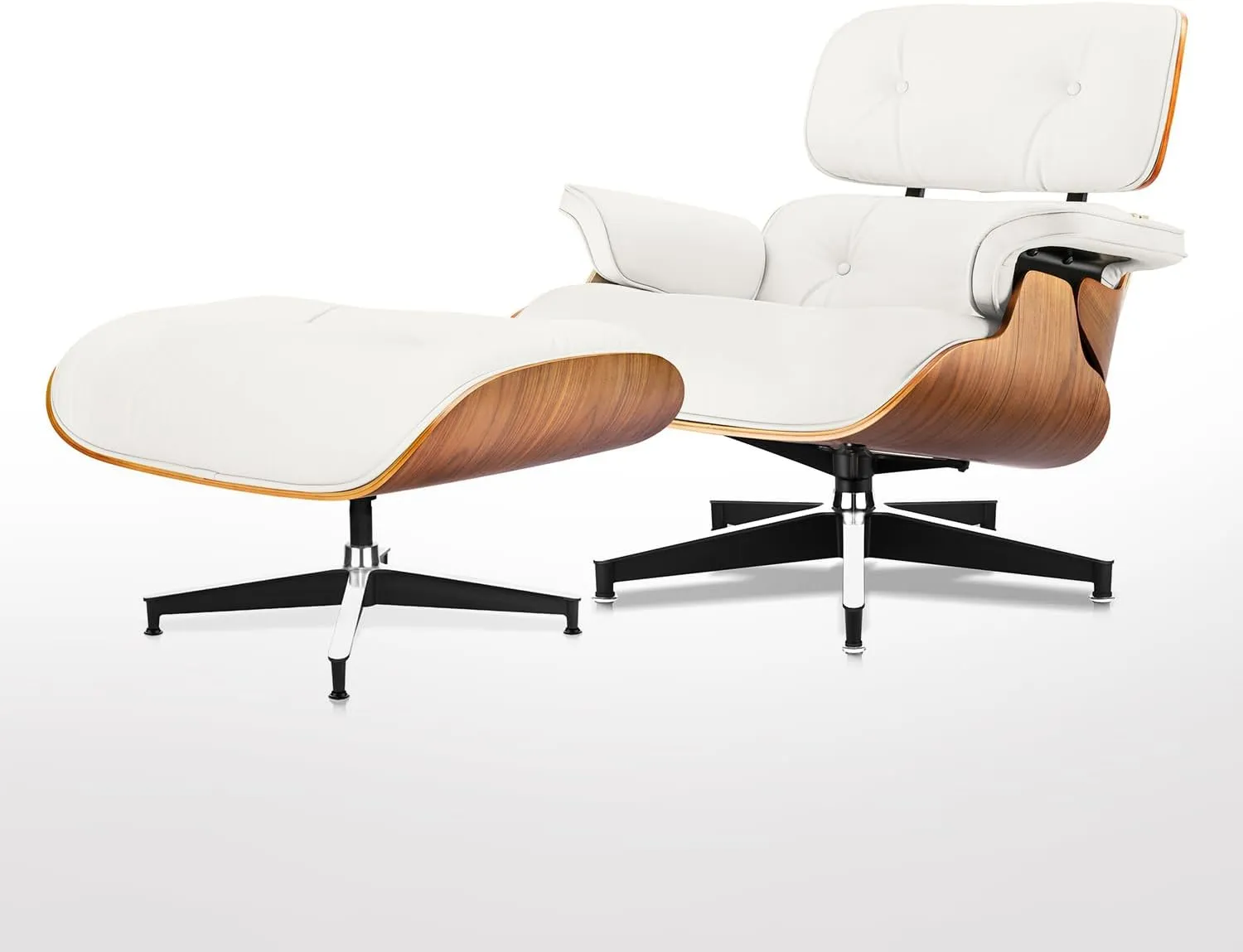 Top Grain Leather Chaise Lounge Chair and Ottoman Classic Accent Chairs 360° Swivel Heavy Duty Base Support Quality Wooden Shell Mid Century Lounge Chair for Living Room Office Reading Walnut/White