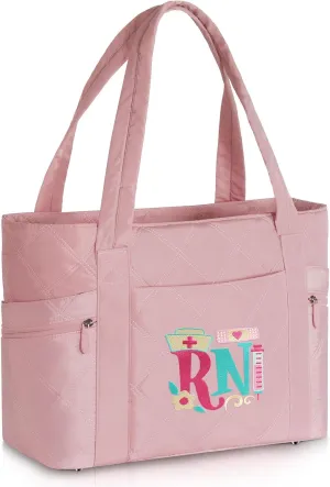 Tote Bag for Women, Nurse Bags for Work, 17'' Large Nursing Bags for Nurses, Laptop Tote Nurse Bag, Clinical Bag for Nursing Students, Quilted Shoulder Bag for Travel, Pink, RN