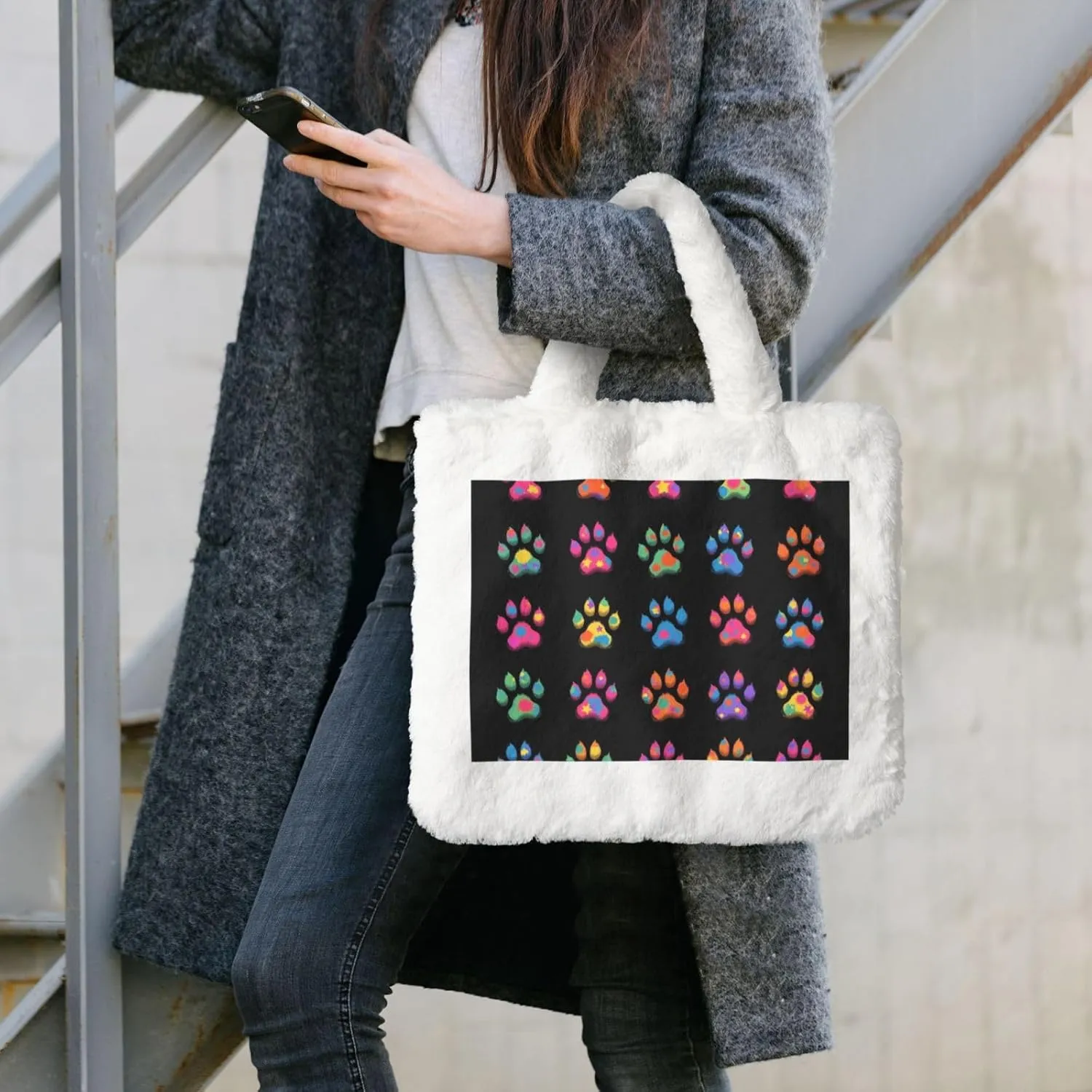 Tote Bag for Women Soft Winter Fluffy Fuzzy Furry Plush Top Handle Purse and Handbag