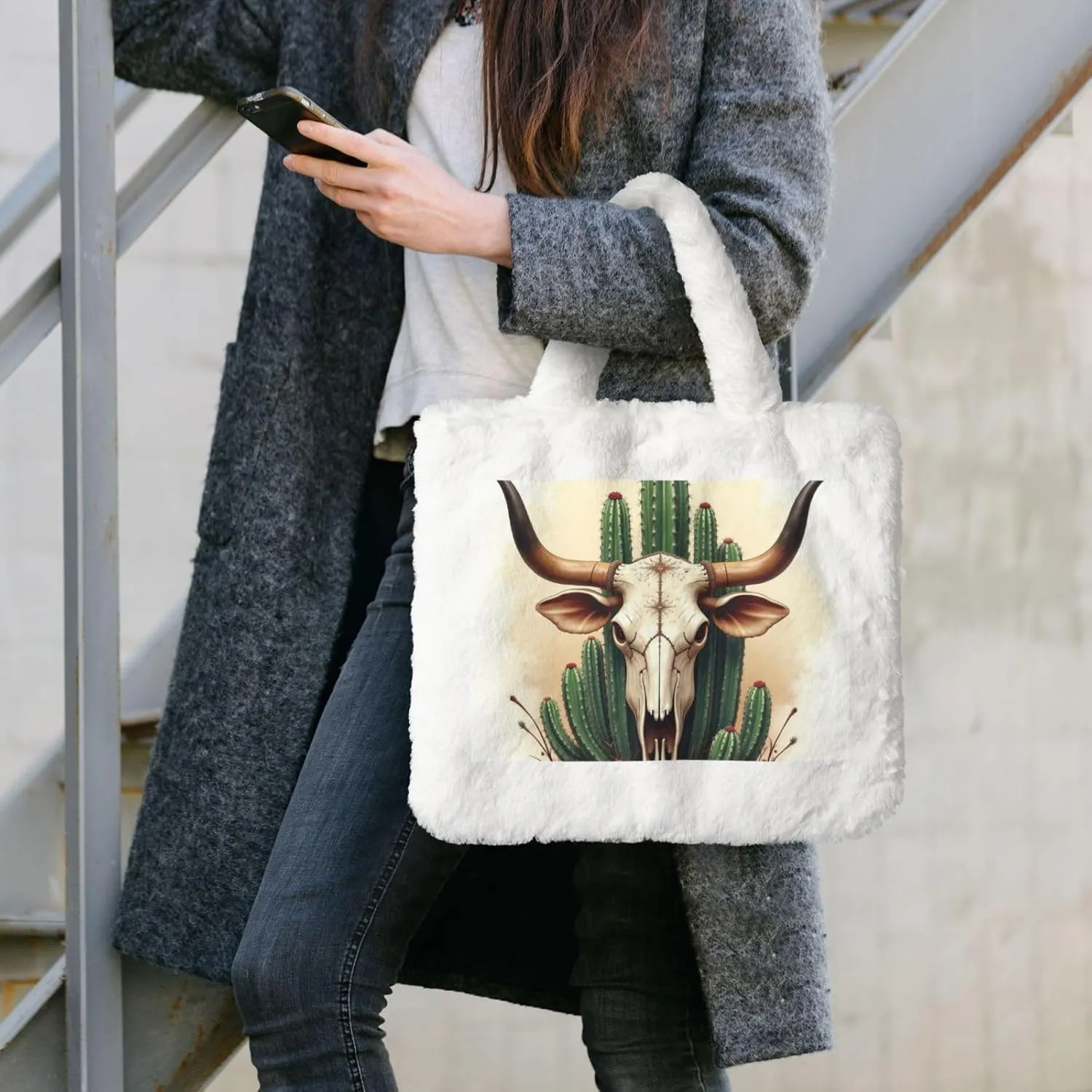 Tote Bag for Women Soft Winter Fluffy Fuzzy Furry Plush Top Handle Purse and Handbag
