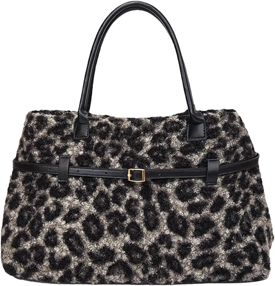 Tote Bag for Women,Leopard Plush Shoulder Bag with Belt Top-handle Bag 2024 Trendy Cheetah Print Purse,Work Handbag