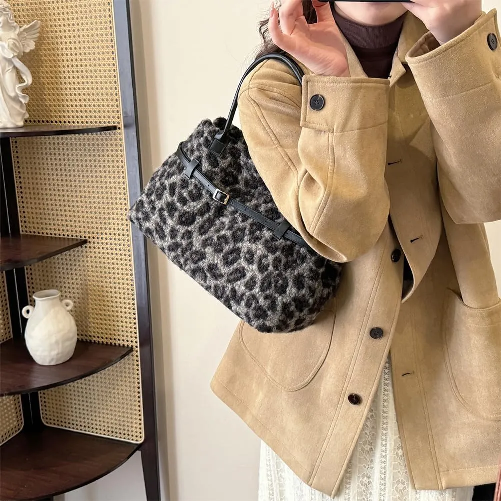 Tote Bag for Women,Leopard Plush Shoulder Bag with Belt Top-handle Bag 2024 Trendy Cheetah Print Purse,Work Handbag