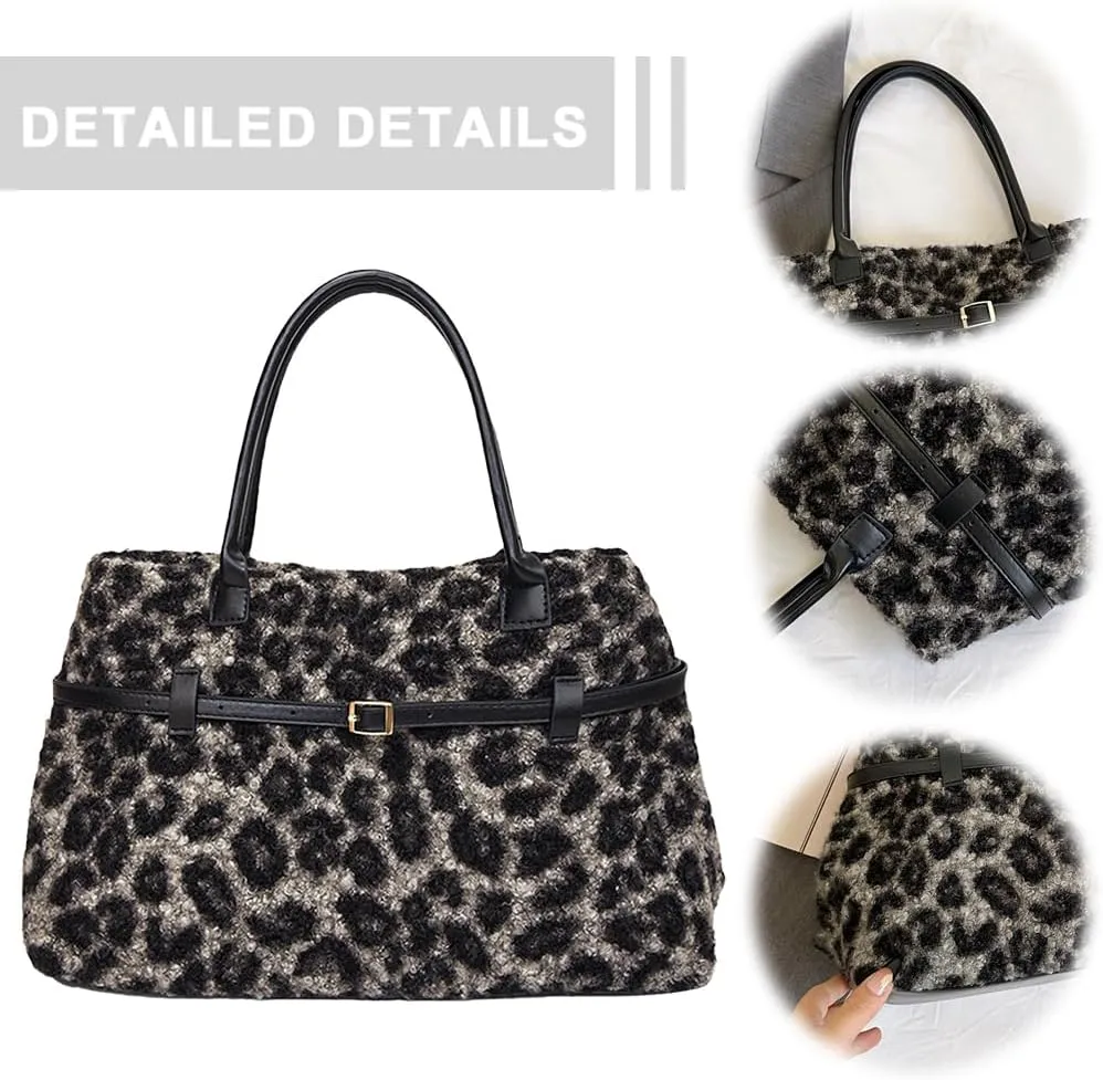 Tote Bag for Women,Leopard Plush Shoulder Bag with Belt Top-handle Bag 2024 Trendy Cheetah Print Purse,Work Handbag