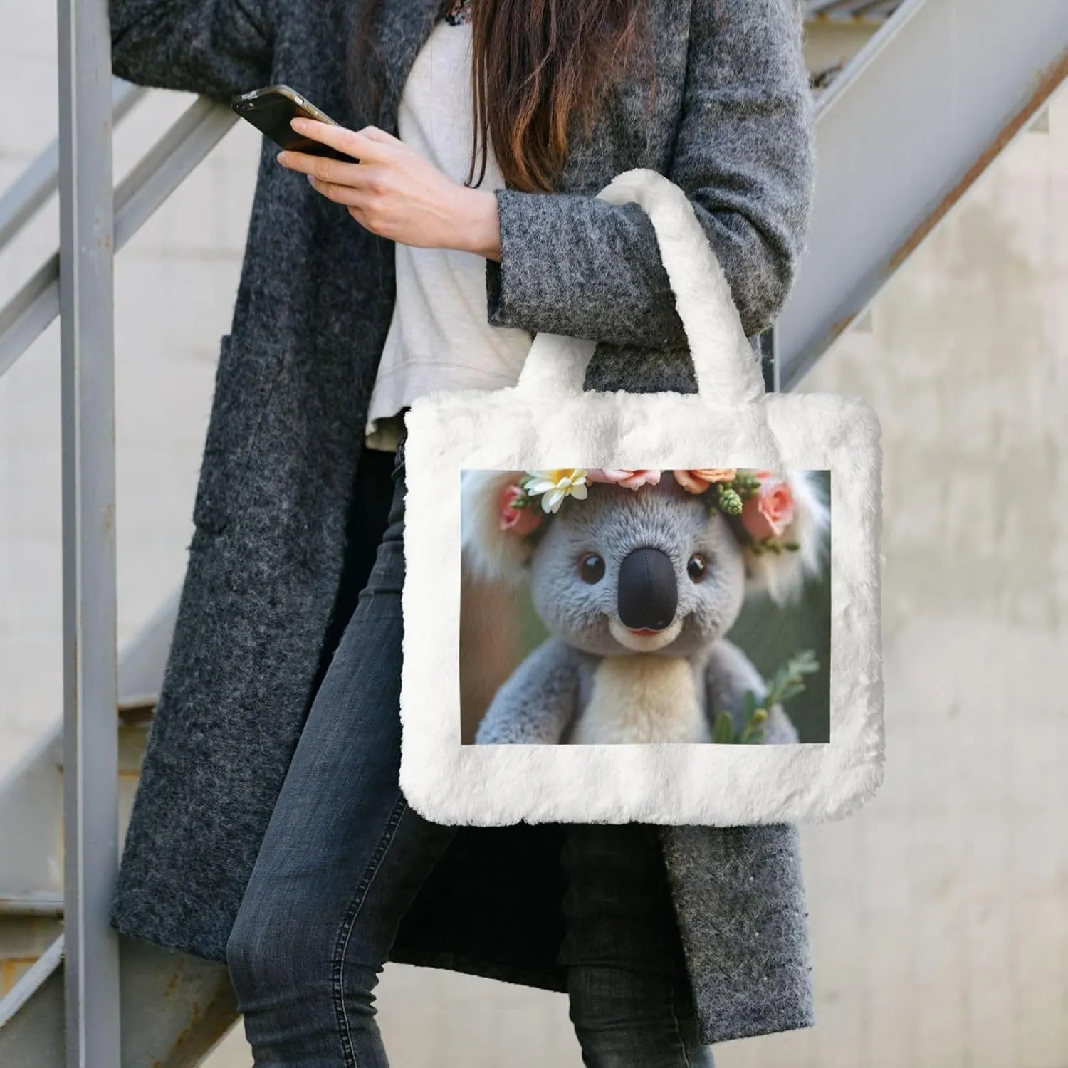 Tote Bag Shoulder Bag Flannel Faux Fur Tote Bag Handbag Fuzzy Bag White Tote Bag Purse
