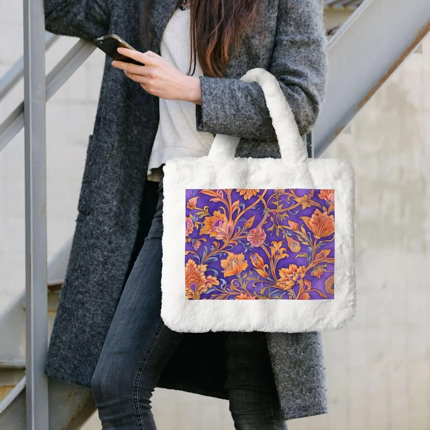 Tote Bag Shoulder Bag Flannel Faux Fur Tote Bag Handbag Fuzzy Bag White Tote Bag Purse