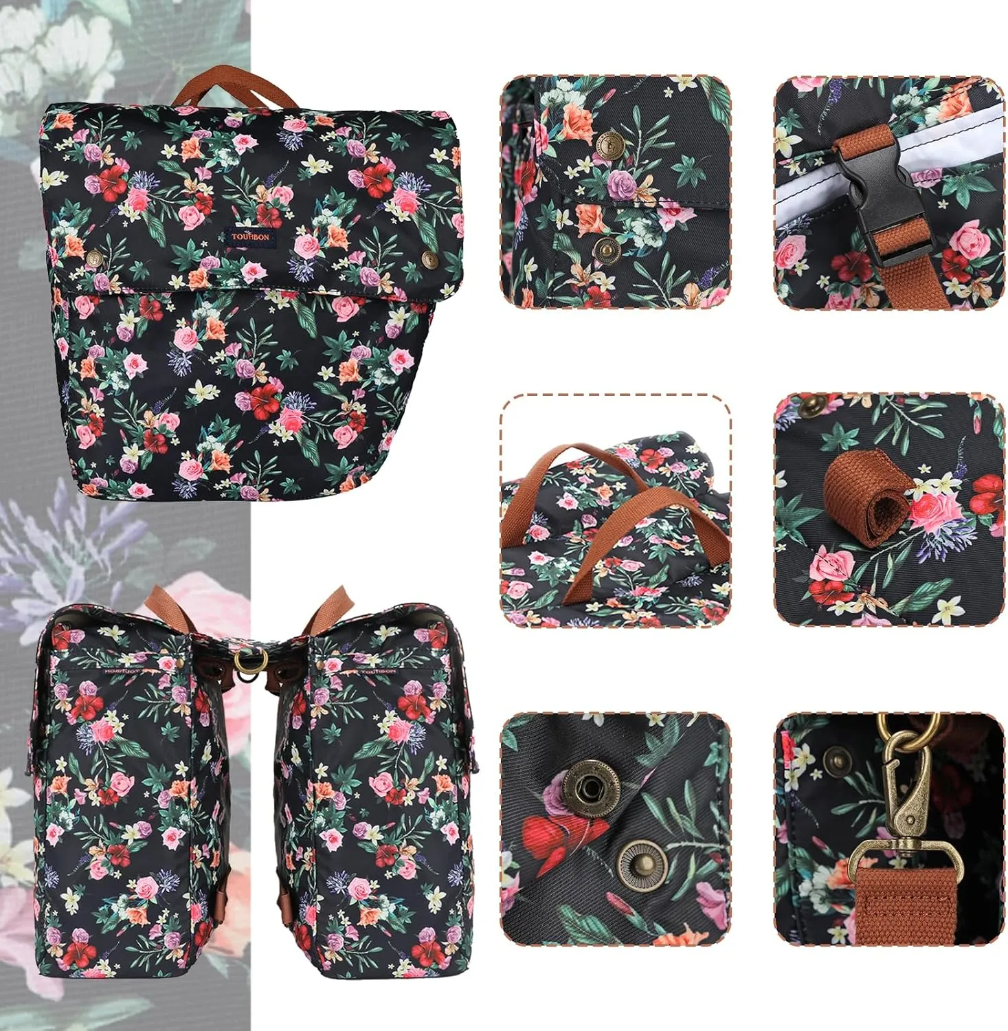 TOURBON Pannier Bag Bike Rear Rack Double Side Bag Roll up Bicycle Back Seat Bag - Black with Flower
