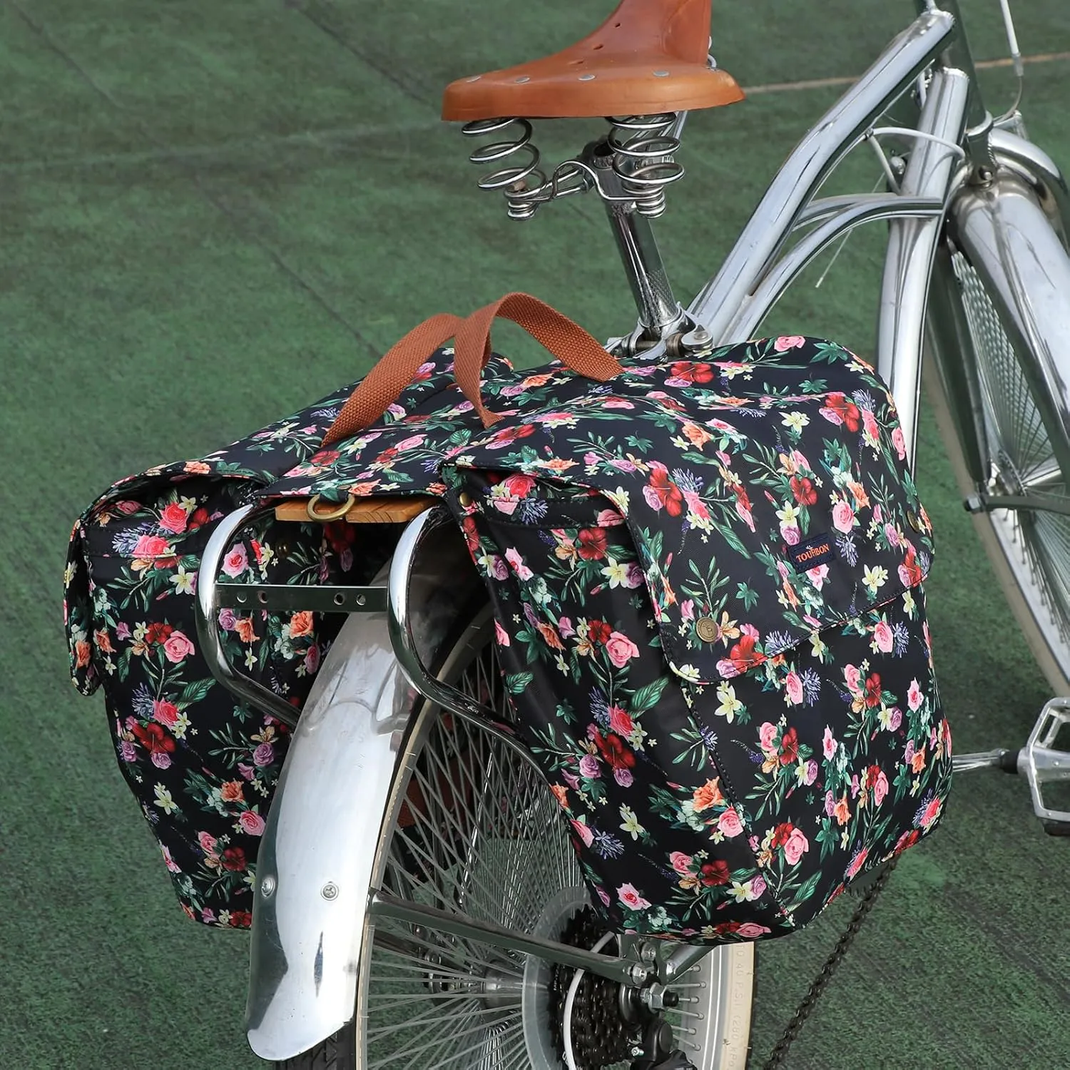TOURBON Pannier Bag Bike Rear Rack Double Side Bag Roll up Bicycle Back Seat Bag - Black with Flower