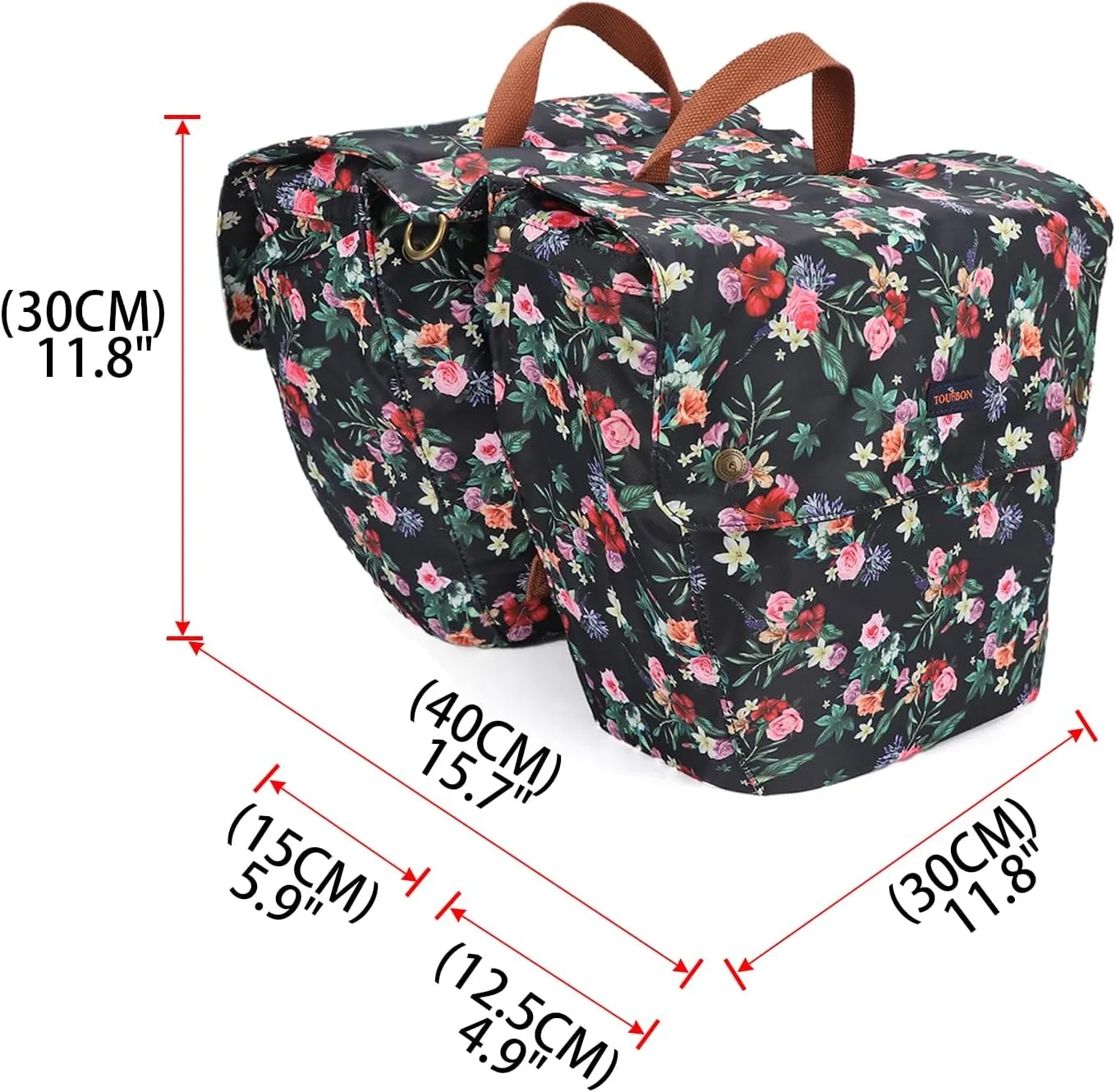 TOURBON Pannier Bag Bike Rear Rack Double Side Bag Roll up Bicycle Back Seat Bag - Black with Flower