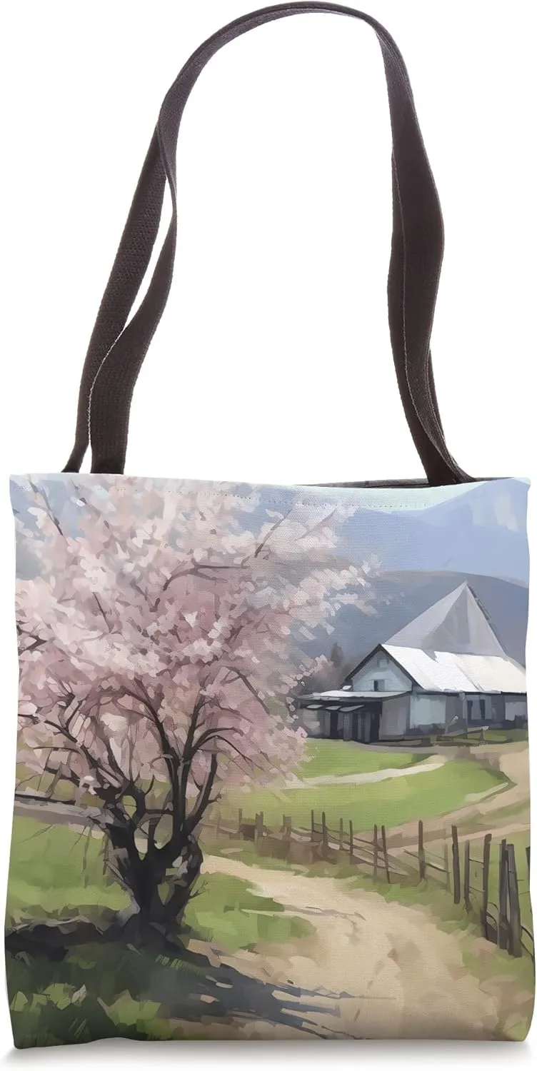 Tranquil Escape Cherry Blossom Country Dwelling Tote Bag