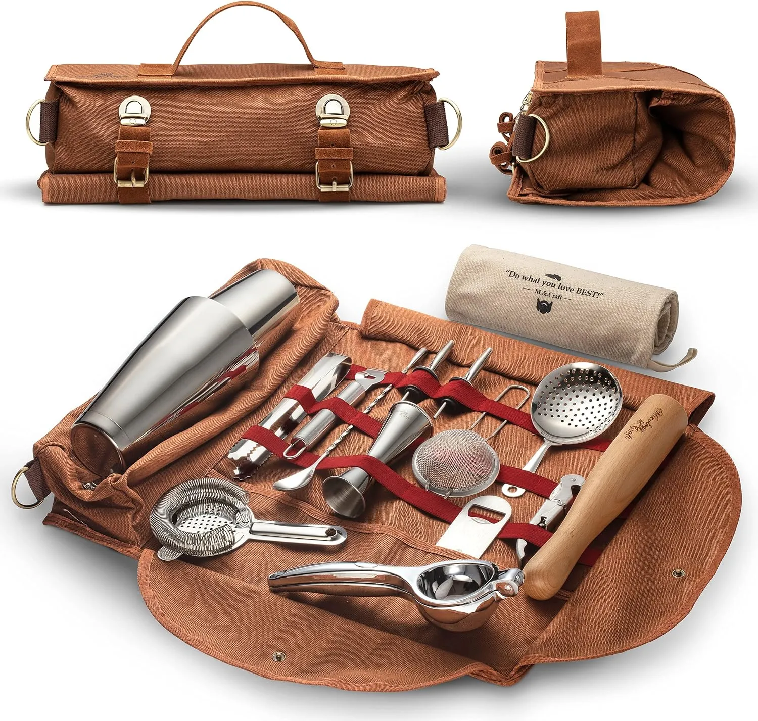 Travel Bartender Kit Bag | Professional 17-Piece Silver Bar Tool Set with Portable Bar Bag and Shoulder Strap for Easy Carry and Storage | Best Travel Bar Set for Home Cocktail Making, Work, Parties