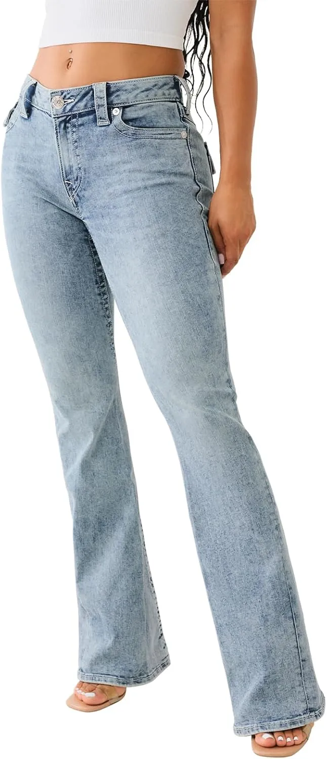 True Religion Jeans Women's Denim Joey Mid Rise Flare Flap Single Needle Stitching Pant