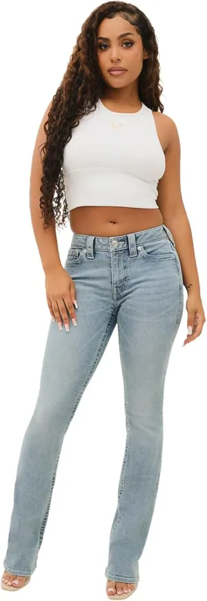 True Religion Women's Becca Mid Rise Bootcut Crystal Flap - Single Needle Stitching Peak Spot Jeans Pant