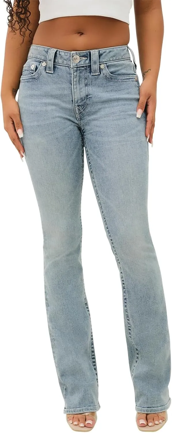 True Religion Women's Becca Mid Rise Bootcut Crystal Flap - Single Needle Stitching Peak Spot Jeans Pant