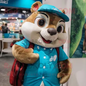Turquoise Chipmunk mascot costume character dressed with a Oxford Shirt and Tote bags