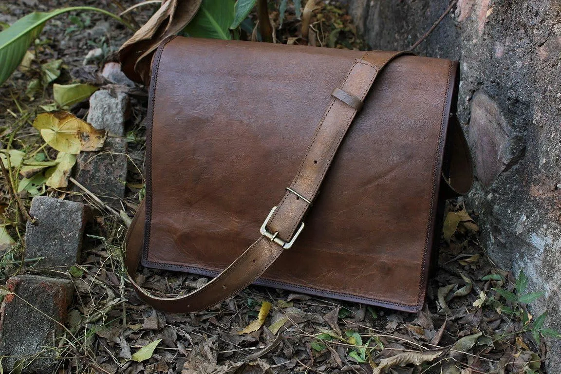 TUZECH Genuine Leather Bag Handmade Cross Body Messenger Briefcase, Office Bag Courier Satchel Bag Gift Men Women (15 Inches)