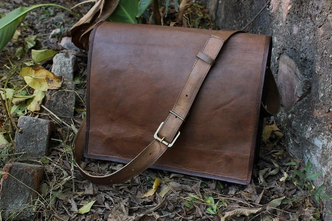 TUZECH Genuine Leather Bag Handmade Cross Body Messenger Briefcase, Office Bag Courier Satchel Bag Gift Men Women (15 Inches)