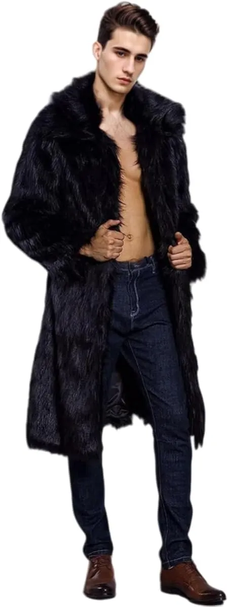 UMREN Mens Faux Fur Coat Long Black Jacket Warm Furry Overcoat Outwear