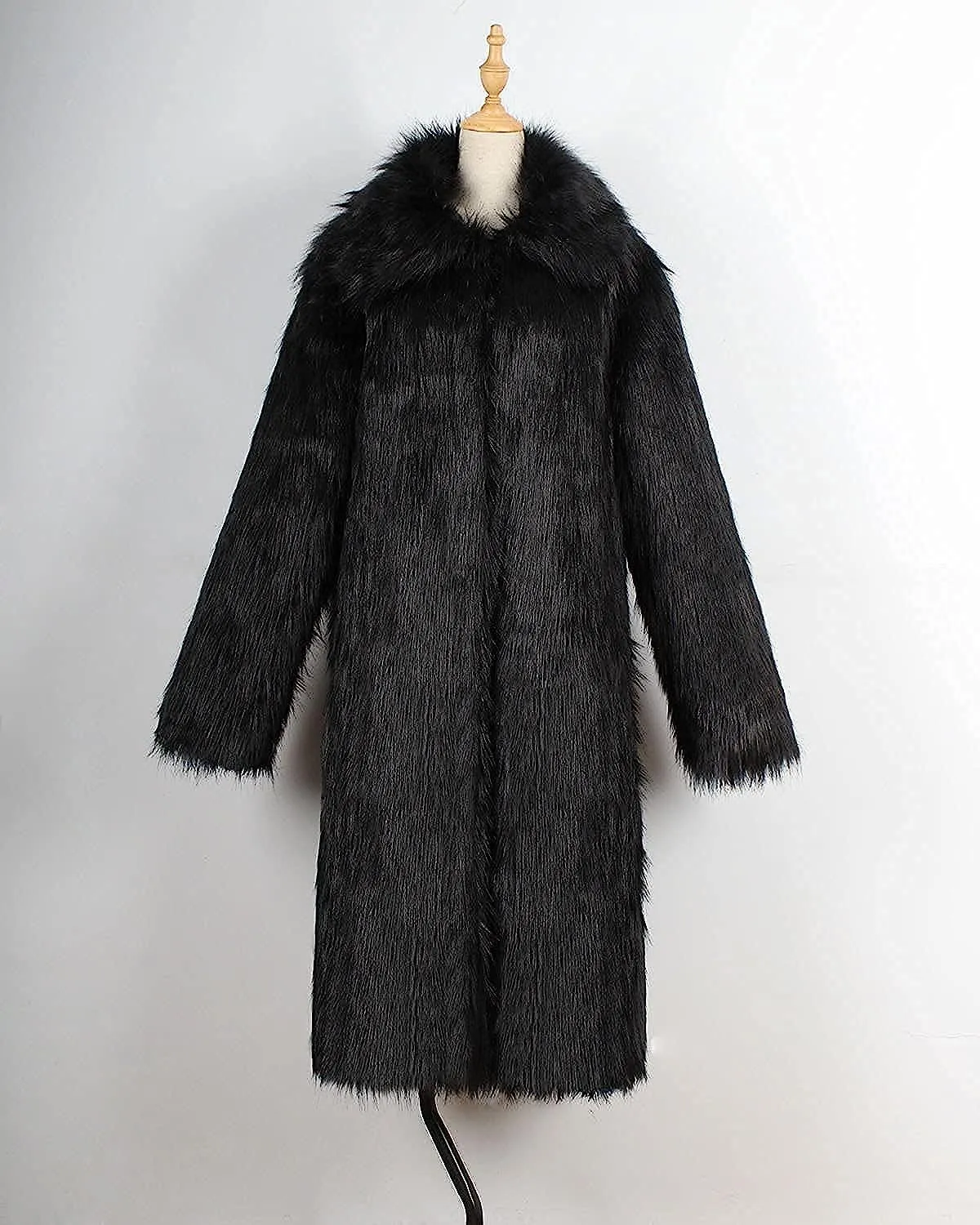 UMREN Mens Faux Fur Coat Long Black Jacket Warm Furry Overcoat Outwear