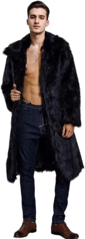 UMREN Mens Faux Fur Coat Long Black Jacket Warm Furry Overcoat Outwear