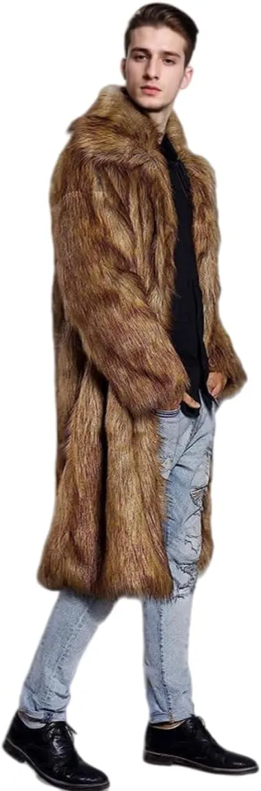 UMREN Mens Faux Fur Coat Long Black Jacket Warm Furry Overcoat Outwear