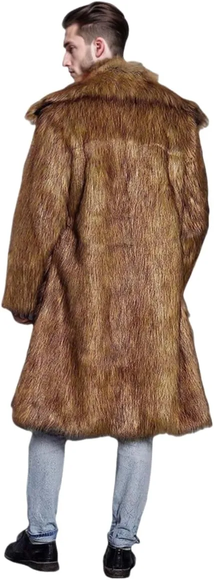 UMREN Mens Faux Fur Coat Long Black Jacket Warm Furry Overcoat Outwear