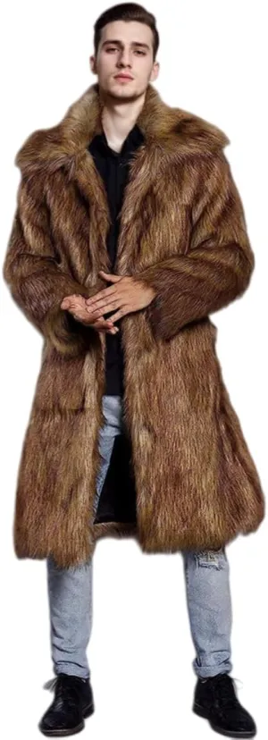 UMREN Mens Faux Fur Coat Long Black Jacket Warm Furry Overcoat Outwear