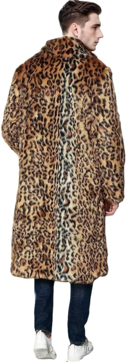 UMREN Mens Faux Fur Coat Long Black Jacket Warm Furry Overcoat Outwear