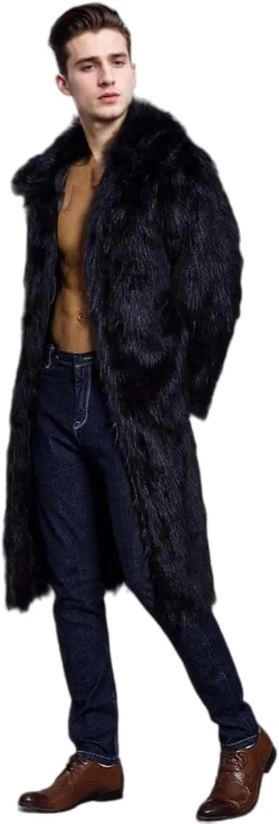 UMREN Mens Faux Fur Coat Long Black Jacket Warm Furry Overcoat Outwear