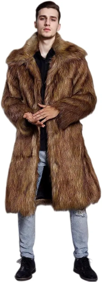 UMREN Mens Faux Fur Coat Long Black Jacket Warm Furry Overcoat Outwear