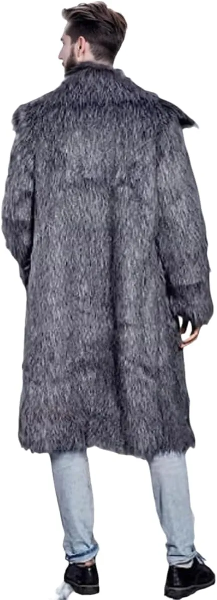 UMREN Mens Faux Fur Coat Long Black Jacket Warm Furry Overcoat Outwear