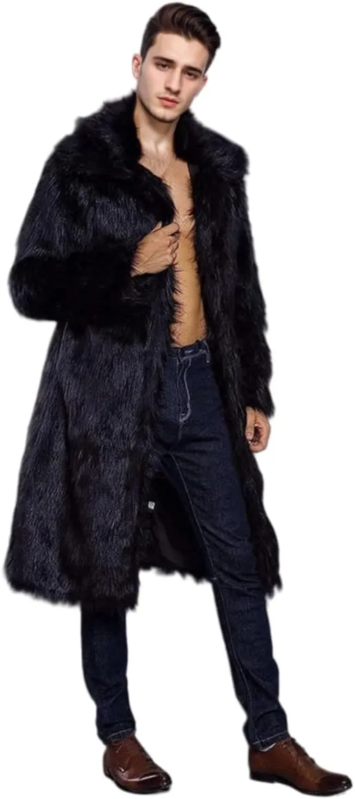UMREN Mens Faux Fur Coat Long Black Jacket Warm Furry Overcoat Outwear