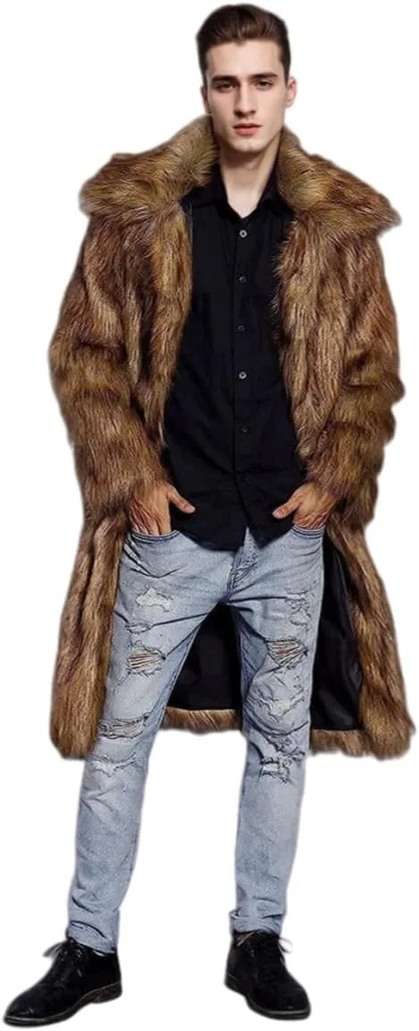 UMREN Mens Faux Fur Coat Long Black Jacket Warm Furry Overcoat Outwear