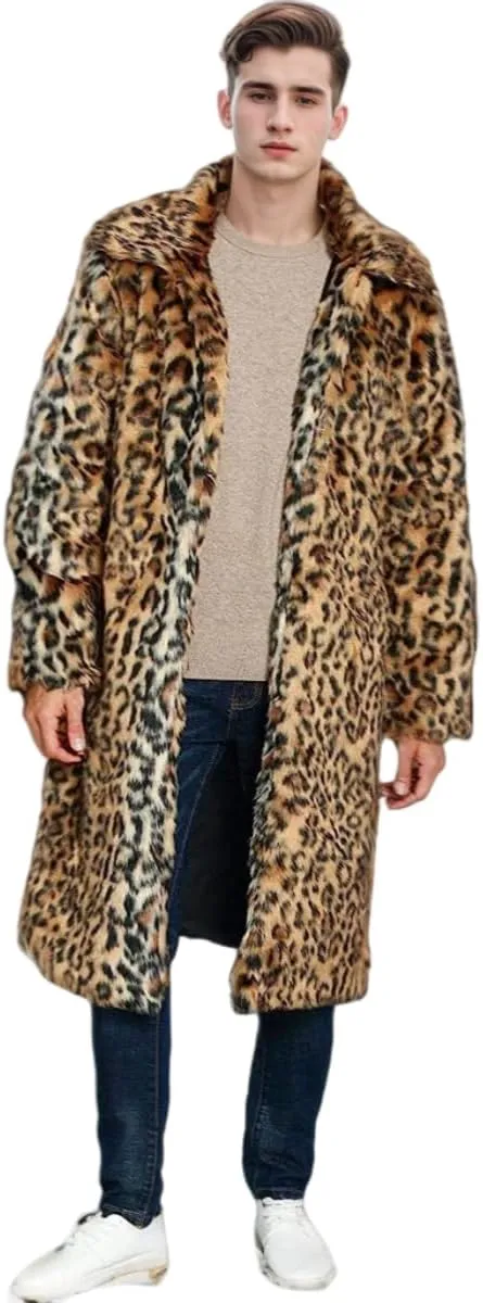 UMREN Mens Faux Fur Coat Long Black Jacket Warm Furry Overcoat Outwear