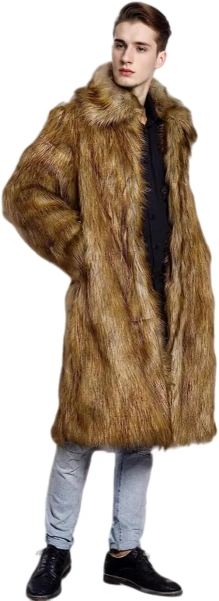 UMREN Mens Faux Fur Coat Long Black Jacket Warm Furry Overcoat Outwear