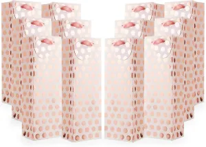 UNIQOOO 12Pcs Premium Metallic Rose Gold Polka Dots Wine Bag Bulk,Message Tag,Ribbon Handle,100% Recyclable, Liquor Bottle Carrier Tote Bag-Mother’s Day,Easter,Wedding, Birthday,Large 14x4.75x3.5 Inch