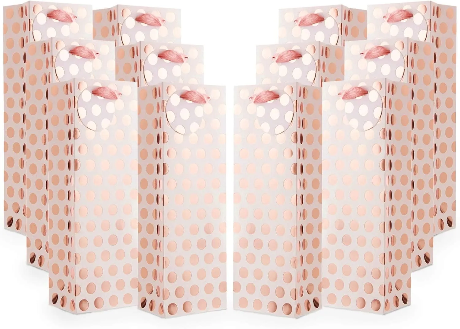 UNIQOOO 12Pcs Premium Metallic Rose Gold Polka Dots Wine Bag Bulk,Message Tag,Ribbon Handle,100% Recyclable, Liquor Bottle Carrier Tote Bag-Mother’s Day,Easter,Wedding, Birthday,Large 14x4.75x3.5 Inch