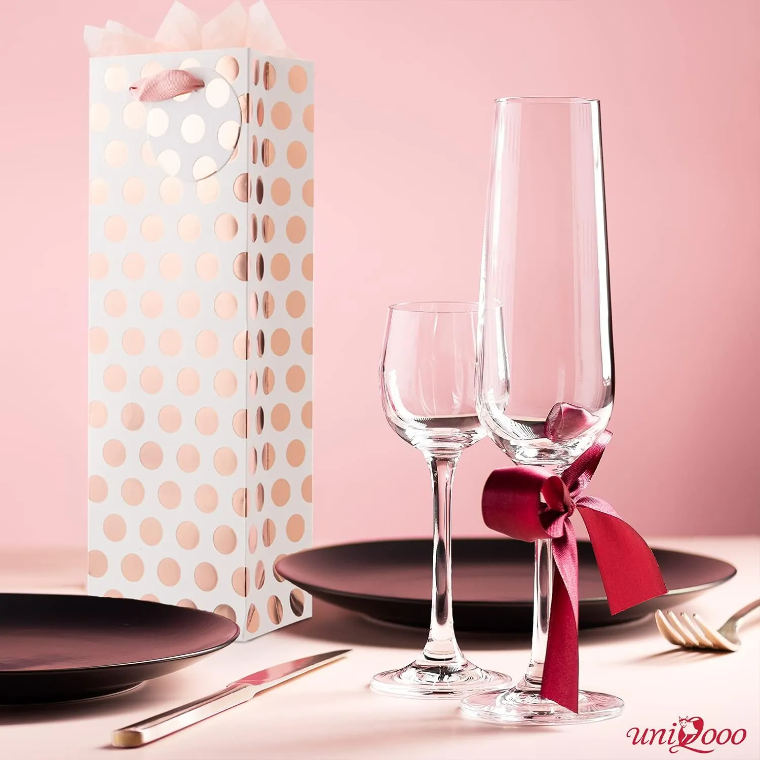 UNIQOOO 12Pcs Premium Metallic Rose Gold Polka Dots Wine Bag Bulk,Message Tag,Ribbon Handle,100% Recyclable, Liquor Bottle Carrier Tote Bag-Mother’s Day,Easter,Wedding, Birthday,Large 14x4.75x3.5 Inch