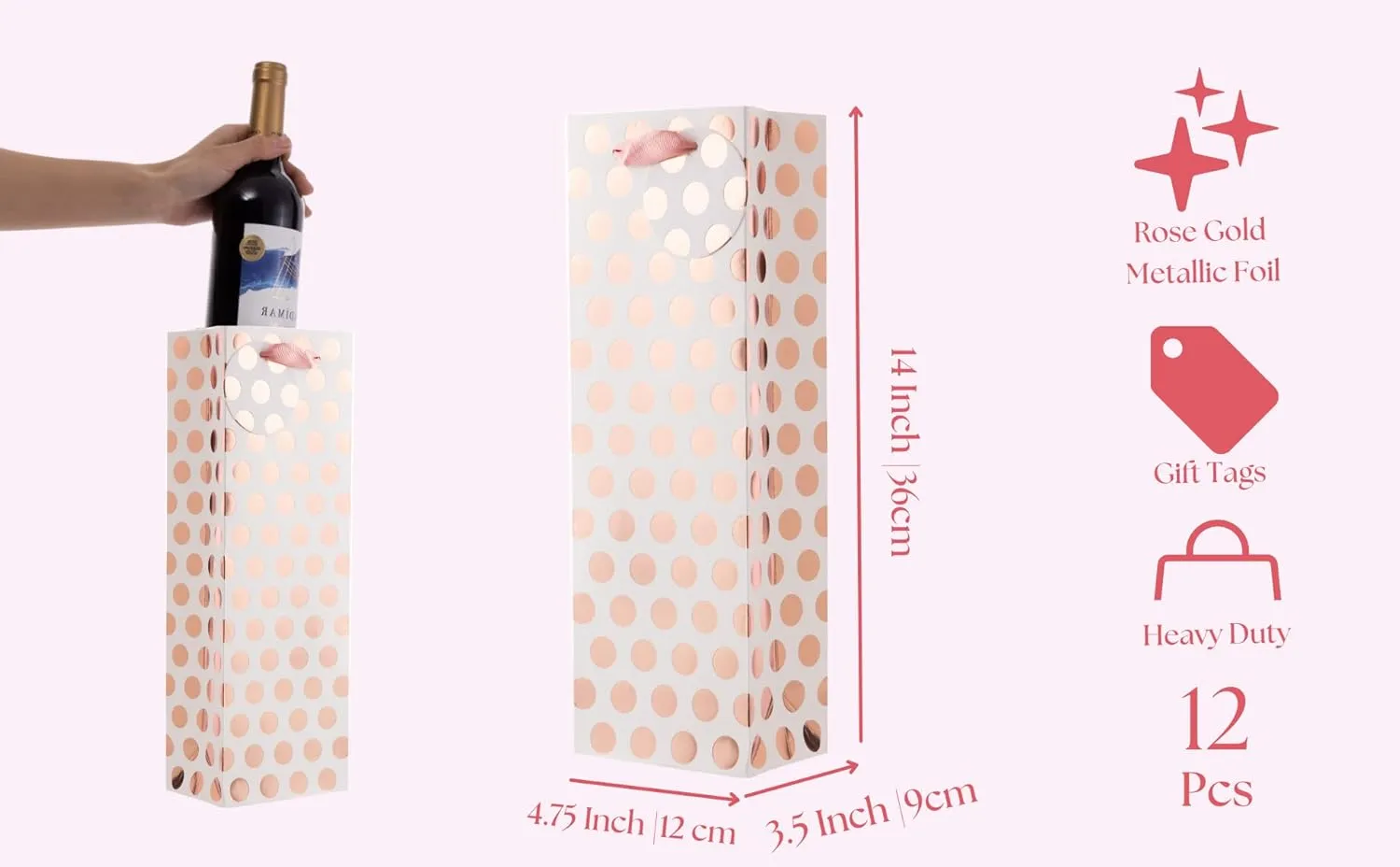 UNIQOOO 12Pcs Premium Metallic Rose Gold Polka Dots Wine Bag Bulk,Message Tag,Ribbon Handle,100% Recyclable, Liquor Bottle Carrier Tote Bag-Mother’s Day,Easter,Wedding, Birthday,Large 14x4.75x3.5 Inch