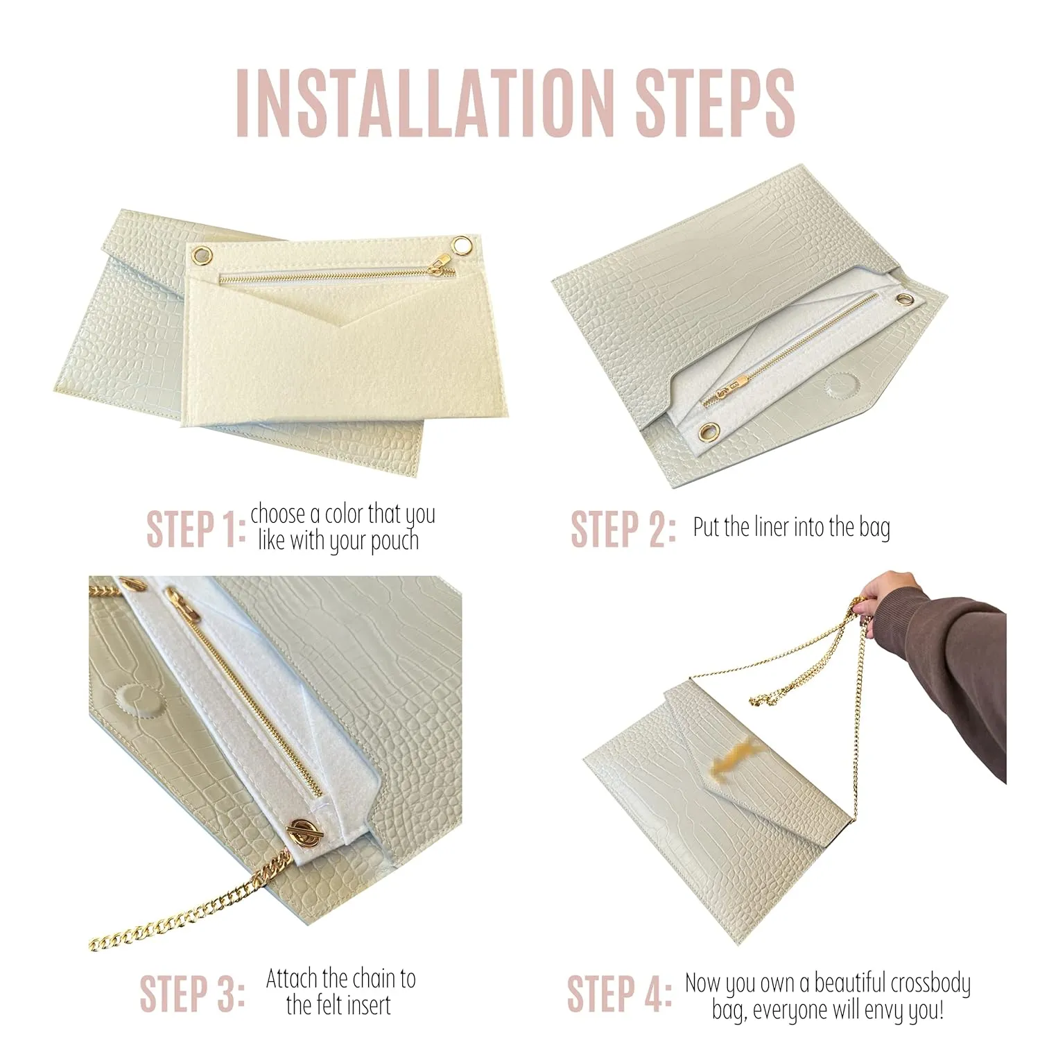 Uptown Clutch Conversion Kit with Gold Chain Wristlet Insert Wallet on Chain WOC Uptown Pouch Insert (White)