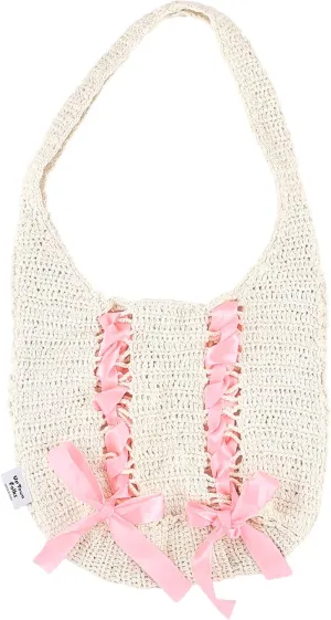 UpTown women Folks Handwoven Mesh Tote Bag, Wooden Handles, Pink Tassels White