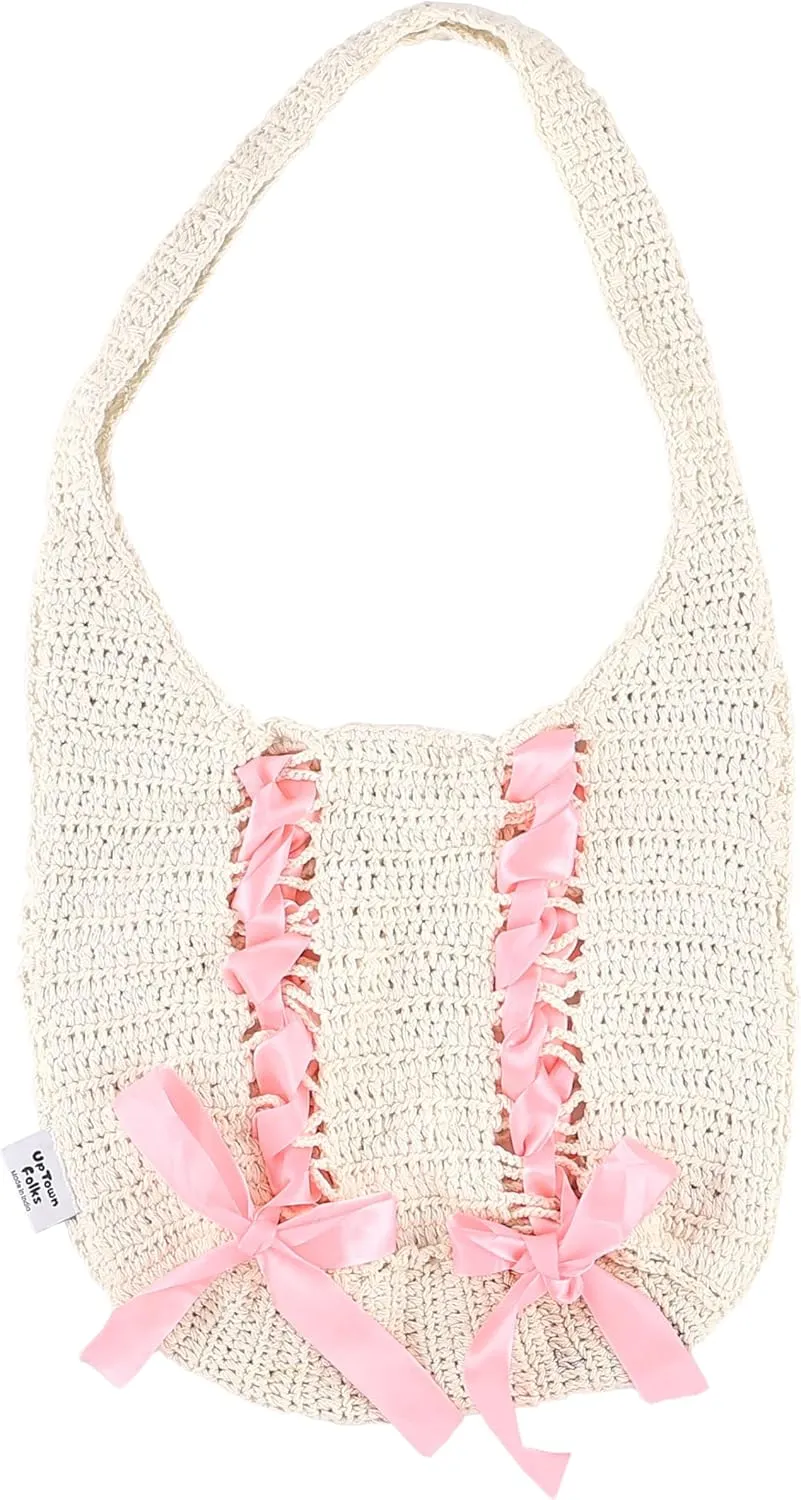 UpTown women Folks Handwoven Mesh Tote Bag, Wooden Handles, Pink Tassels White