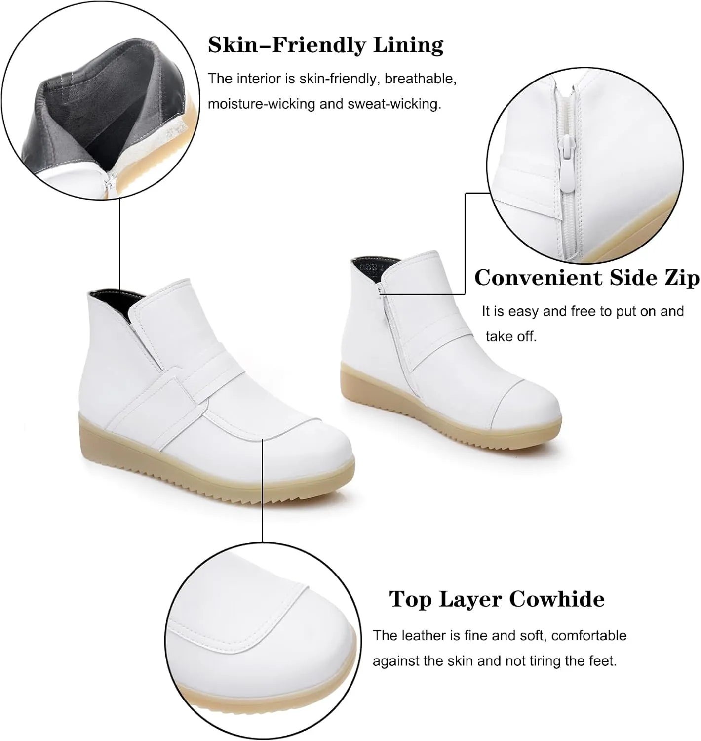 URLECHS Women's Genuine Leather Side Zipper Nursing Shoes Fur Lining Warm Booties Lightweight Comfortable Slip Resistant Work Shoes for Healthcare Professional Nursing