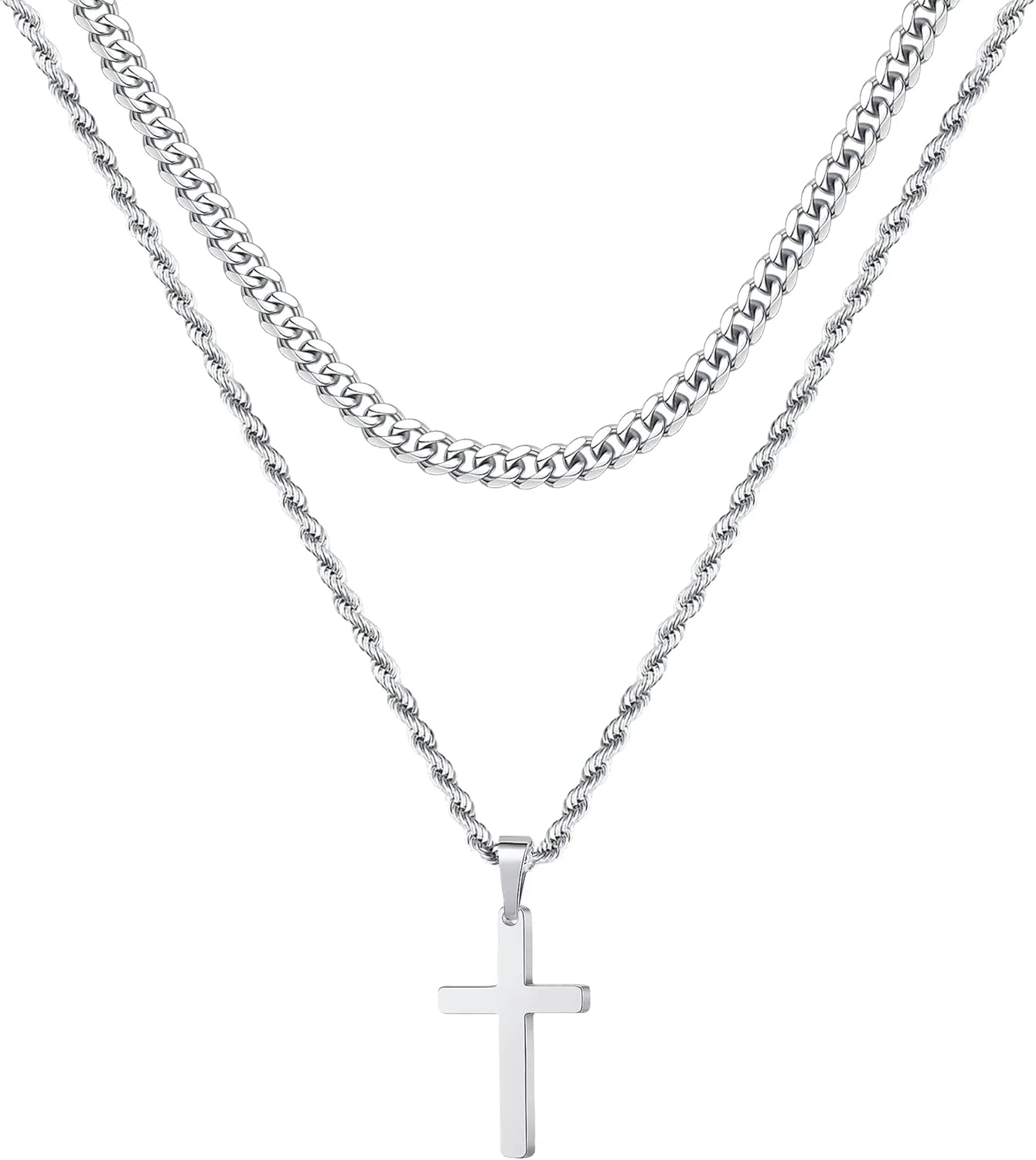 Ursteel Layered Cross Necklace for Men - 18K Gold Silver Black Cross Necklaces Chain for Men, Layered Rope Chain Cross Necklace for Men 16 18 20 22 24 Inch
