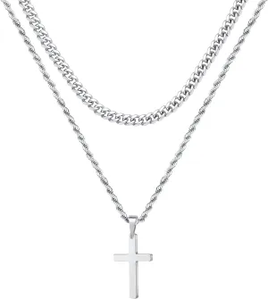 Ursteel Layered Cross Necklace for Men - 18K Gold Silver Black Cross Necklaces Chain for Men, Layered Rope Chain Cross Necklace for Men 16 18 20 22 24 Inch