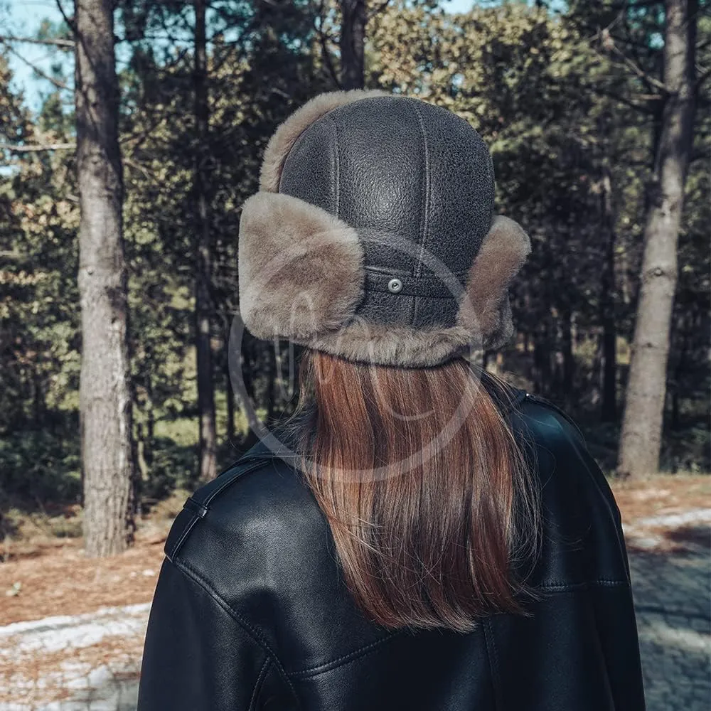 Ushanka Aviator Trapper Leather Hat Men Women, Sheepskin Fur Russian Soviet Earflaps Hat, Warm Outdoor Winter Hat 2024