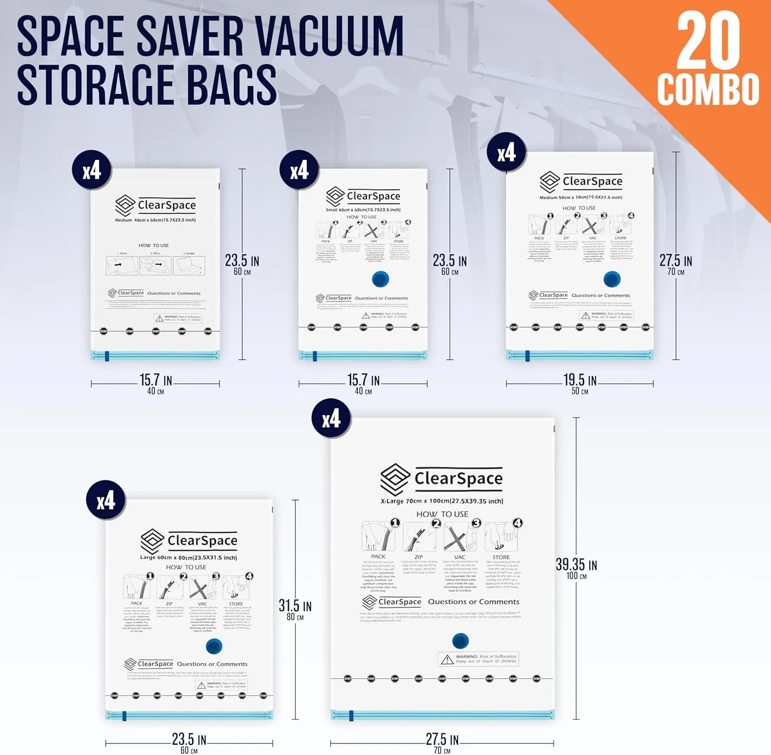 Vacuum Seal Bags for Clothing Travel, 20 Combo - Space Saver Vacuum Storage Bags, Blanket & Clothes Storage Bags Vacuum Sealed – Hand Pump Included, Bolsas Para Guardar Ropa Al Vacío