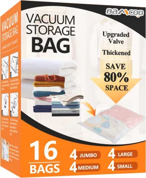 Vacuum Seal Bags for Clothing, Upgraded 16 Pack(4 Jumbo/4 Large/4 Medium/4 Small Vacuum Storage Bags) Space Saver Vaccine Sealed Storage Bag for Travel Blankets Bedding Luggage Comforters